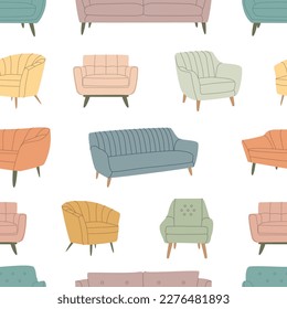 Vector seamless pattern with comfortable upholstered chairs, sofas. Endless texture with repeating print. Isolated hand-drawn furniture design on a white background.