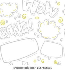 Vector Seamless Pattern With Comic Letters, Speech Bubble, Text Box, Smoke In Hand Drawn Style. Doodling, Doodle. Nursery Outline Drawing. Packaging Design, Children's Room Interior Decor, Kid Prints.