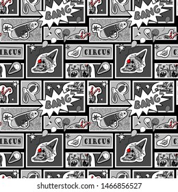 Vector seamless pattern in comic pop art style. Creepy circus elements, evil clown and human skull. Black and white comic book.

