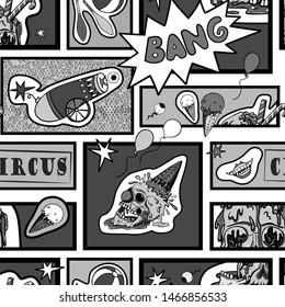 Vector seamless pattern in comic pop art style. Creepy circus elements, evil clown and human skull. Black and white comic book.

