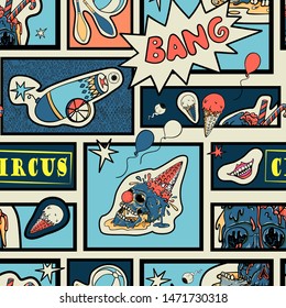Vector seamless pattern in comic pop art style. Creepy circus elements, evil clown and human skull. Comic book.
