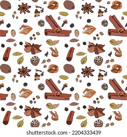 Vector seamless pattern with common used spices such as cinnamon, nutmeg, peppercorn, cardamom, cloves, coriander and mace. Warm and cozy pattern with spices for cold times