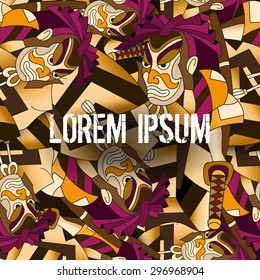 Vector seamless pattern composed of colorful hand drawn japan warriors in brown tones. For web, wallpaper, textiles, cover, booklets.