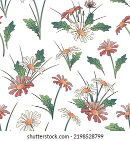 Vector seamless pattern from composition with daisy flowers and leaves, wildflowers. Simple floral pattern for cover, fabric design, textile, wrapping paper, card.