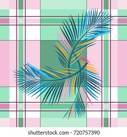 Vector seamless pattern. Composition of palm leaves on a plaited background