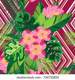 Vector seamless pattern with a composition of tropical leaves and flowers. Burgundy background with beige rhombuses