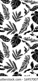 Vector seamless pattern with compositions of graphical tropical leaves, palm leaves,banana leavesand  jungle plants. Beautiful black and white tropical seamless background
