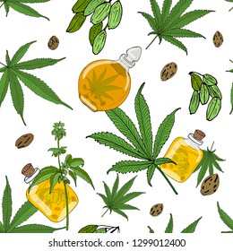Vector seamless pattern with compositions of hand drawn branches, leaves, fruits and cannabis seeds, oil in a bottle. Beautiful color green and yelow endless background.
