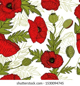 Vector seamless pattern with compositions of hand drawn leaves, flowers red poppys. Beautiful color red green endless background.