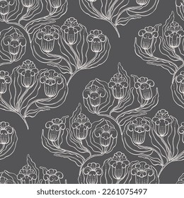 Vector seamless pattern with compositions of hand drawn abstract flowers. Pen and ink outlines on paper. Black and white illustration.