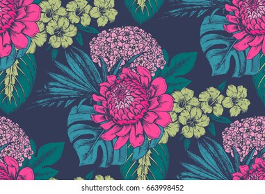 Vector seamless pattern with compositions of hand drawn tropical flowers, palm leaves, jungle plants, paradise bouquet. Beautiful colorful floral endless background.