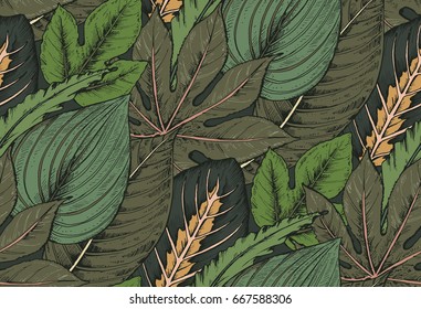 Vector seamless pattern with compositions of hand drawn tropical palm leaves, jungle plants. Beautiful colorful natural endless background.