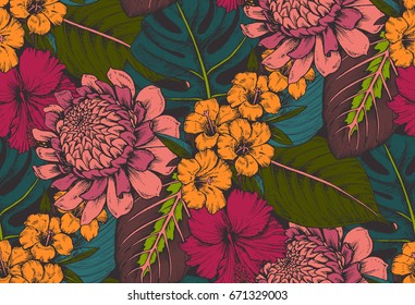 Vector seamless pattern with compositions of hand drawn tropical flowers, palm leaves, jungle plants, paradise bouquet. Beautiful colorful floral endless background.