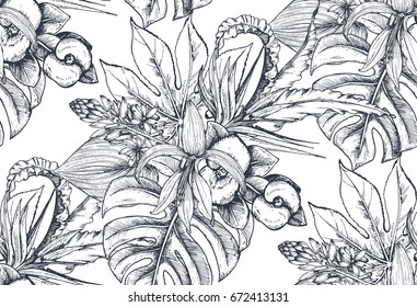 Vector Seamless Pattern With Compositions Of Hand Drawn Tropical Flowers, Palm Leaves, Jungle Plants, Paradise Bouquet. Beautiful Black And White Sketched Floral Endless Background.