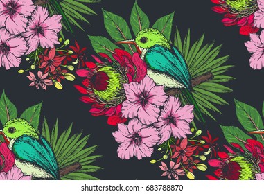 Vector seamless pattern with compositions of hand drawn tropical flowers, palm leaves, jungle plants, paradise bouquet with exotic birds. Beautiful colorful floral endless background