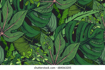 Vector seamless pattern with compositions of hand drawn tropical palm leaves, jungle plants. Beautiful colorful natural endless background.