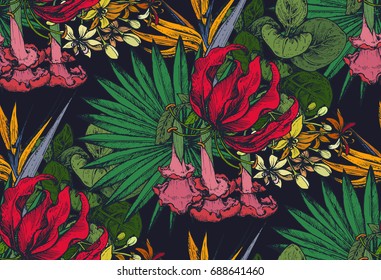 Vector seamless pattern with compositions of hand drawn tropical flowers, palm leaves, jungle plants, paradise bouquet. Beautiful colorful floral endless background.