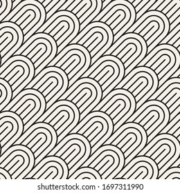 Vector seamless pattern. Concentric bold semi circles. Geometric striped ornament. Rounded diagonal lines stylish background.