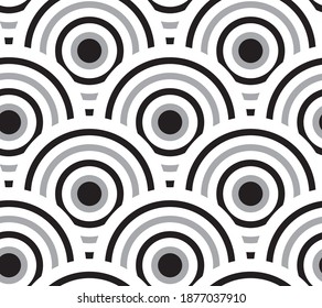 Vector seamless pattern with concentric half circles. Japanese style geometric abstract tiles background.