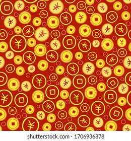 Vector seamless pattern. Concept chinese new year and red chinese envelope. Hand drawing lanterns, clouds, coins and other traditional elements. Chinese festival illustration.
