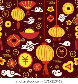Vector seamless pattern. Concept chinese new year and red chinese envelope. Hand drawing lanterns, clouds, coins and other traditional elements. Chinese festival illustration.