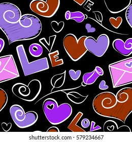 Vector seamless pattern concept conceptual painted many heart, love symbol, flower and letter in pink, brown and violet colors.On a black background metaphor to valentine, romantic, art feeling.