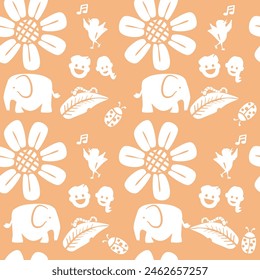 Vector seamless pattern with the concept of nature happy living in minimal cartoon design, white on peach colored, flat element object with people, elephants, singing birds and flowers.