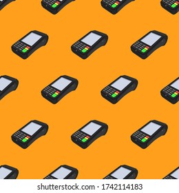 Vector seamless pattern. Concept, technology, banking equipment, modern. Isometric illustration of pos terminal in black on an orange background.