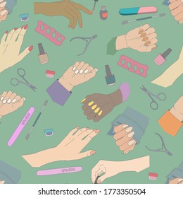 Vector seamless pattern of conception of manicure. Tools and hands. For design, presentation, packaging.