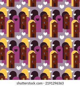 Vector seamless pattern. Conceptual composition of houses in flat style. A series of cute textures with houses in pastel colors.