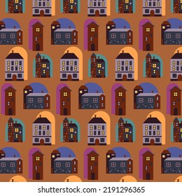 Vector seamless pattern. Conceptual composition of houses in flat style. A series of cute textures with houses in pastel colors.