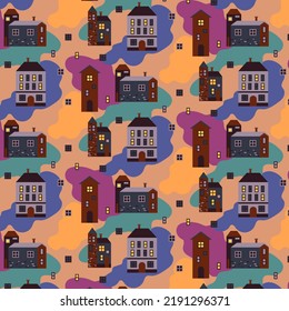Vector seamless pattern. Conceptual composition of houses in flat style. A series of cute textures with houses in pastel colors.