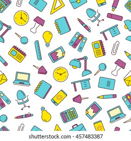 vector seamless pattern with Conceptual icons set with stationery elements isolate on white background. Illustrtations in linear stile