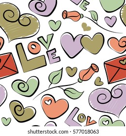 Vector seamless pattern conceptual painted many hearts, love text, flower and letter in orange colors on a white background. Made by a happy child at school.