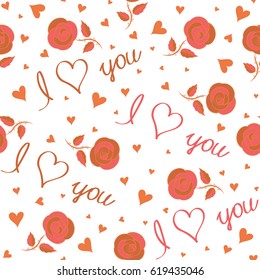 Vector seamless pattern conceptual painted many hearts, love text, flower in orange and pink colors on a white background. Made by a happy child at school.
