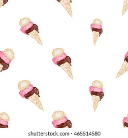 Vector seamless pattern with cone ice cream. Beautiful background for party, greeting paper card or banner. Hand drawn fashion sketch style. Objects on white backdrop.