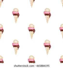 Vector seamless pattern with cone ice cream. Beautiful background for party, greeting paper card or banner. Hand drawn fashion sketch style. Objects on white backdrop.