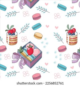 Vector seamless pattern with confectionery, desserts and decorative elements in cartoon style on white background. For textiles, wallpapers, wrapping paper, backgrounds
