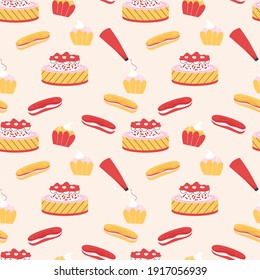 Vector seamless pattern with confectionery. Endless print with cakes, pastries, muffins, pastry bag decorating cupcakes. Illustration of background for birthday party, bakery workshop, cooking lessons