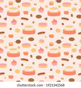 Vector seamless pattern with confectionery. Endless print with cakes, pastries, chocolates, cookies, cupcakes, muffins. Illustration of background for pastry school, bakery workshop or cooking lessons