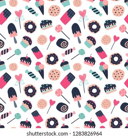 Vector seamless pattern with confectionery and sweets icons. Cookies, ice cream, donuts, lollipops, candies, cakes, cupcakes, and chocolate.