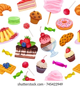 Vector seamless pattern with confectionery and sweets icons. Dessert, lollipop, muffin, waffles with candies, macaron and pudding. Donut and cotton candy, biscuits and jelly.