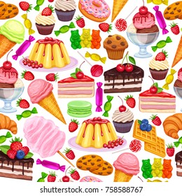 Vector seamless pattern with confectionery and sweets icons. Dessert, lollipop, ice cream with candies, macaron and pudding. Donut and cotton candy, muffin, waffles, biscuits and jelly