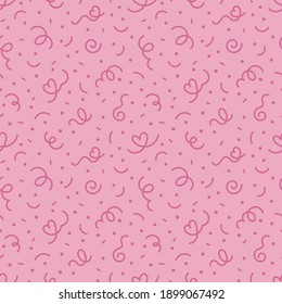 Vector seamless pattern with confetti, ribbon confetti, hearts, dots on pink background. Festive pattern for Valentine's Day, wrapping paper, wrapper, label, textile etc. Pink doodle confetti pattern.