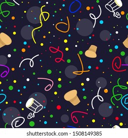 Vector seamless pattern with confetti, wine corks, champagne corks and streamers. 