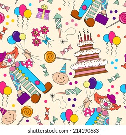 Vector seamless pattern with congratulations on birthday and symbols of this holiday. Background for use in design, web site, packing, textile, fabric