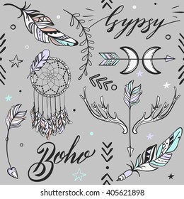 Vector Seamless Pattern consist of Ornamental Boho Style Elements. Trendy background of tribal symbols