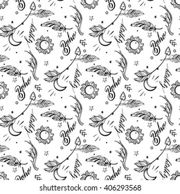 Vector Seamless Pattern consist of Ornamental Boho Style Elements. Trendy background of tribal symbol 