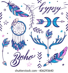 Vector Seamless Pattern consist of Ornamental Boho Style Elements. Trendy background of tribal symbol 