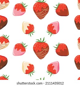 Vector seamless pattern consisting of assorted strawberries in chocolate. Design elements in flat style.